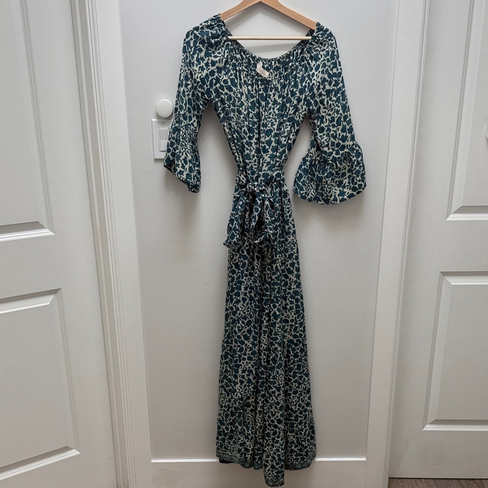 Natalie Martin Teal and Cream Floral Maxi Dress with Tie Waist